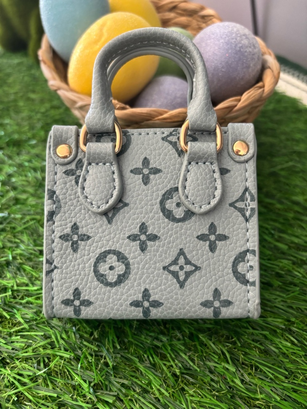 Gray/dusty blue Monogram Mini Bag with Gold Accents
